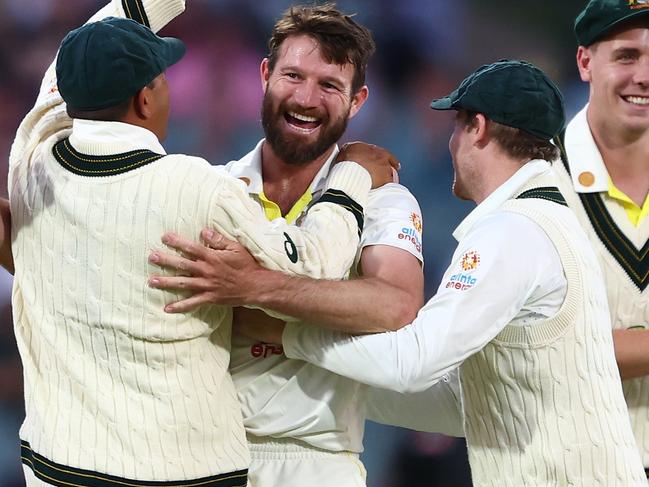 ADELAIDE, AUSTRALIA - DECEMBER 09:  Michael Neser of Australia celebrates with team mates after taking the wicket of Kraigg Braithwaite of the West Indies for 19 runs during day two of the Second Test Match in the series between Australia and the West Indies at Adelaide Oval on December 09, 2022 in Adelaide, Australia. (Photo by Chris Hyde/Getty Images)