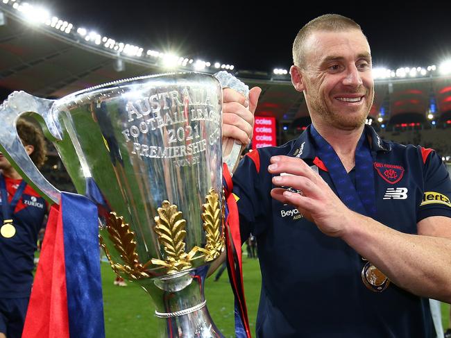 PERTH, AUSTRALIA - SEPTEMBER 25: Demons Coach, Simon Goodwin celebrates after winning the 2021 Toyota AFL Grand Final match between the Melbourne Demons and the Western Bulldogs at Optus Stadium on September 25, 2021 in Perth, Australia. (Photo by Gary Day/AFL Photos via Getty Images)