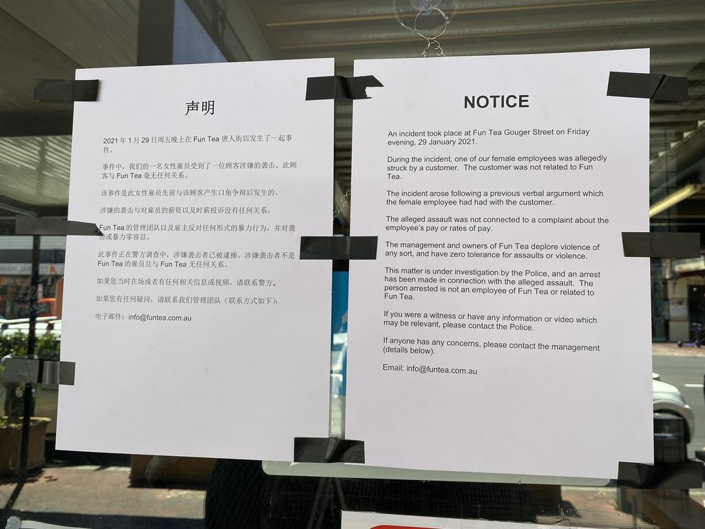 Fun Tea propped up a notice in their shop window on Wednesday. Picture: Patrick James