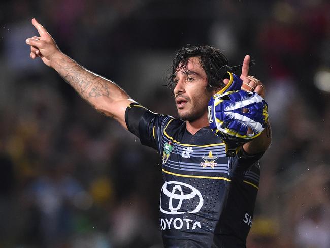 Johnathan Thurston of the Cowboys reacts following the NRL semi-final match between the North Queensland Cowboy's and the Brisbane Bronco's at 1300 Smiles Stadium in Townsville , Friday, Sept. 16, 2016. (AAP Image/Dave Hunt) NO ARCHIVING, EDITORIAL USE ONLY