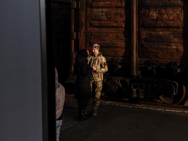 A Ukrainian serviceman bids farewell to his partner at Kramatorsk train station in eastern Ukraine amid Russian invasion of Ukraine. Picture: AFP