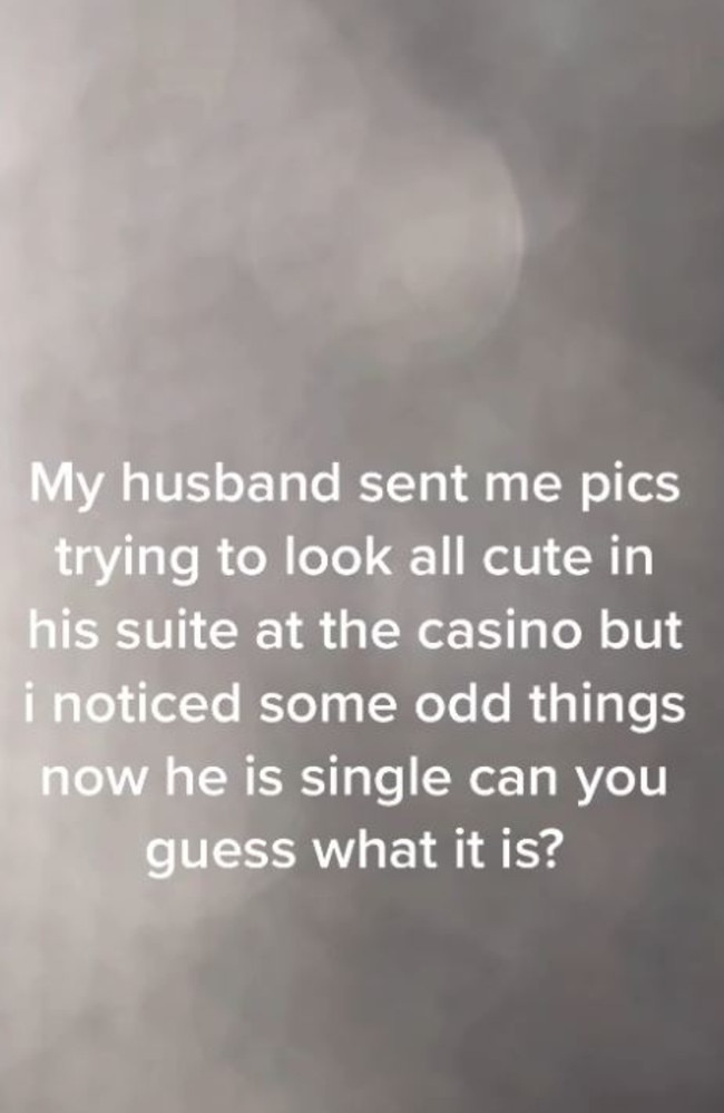 She said her husband sent her two selfies from his hotel bathroom, but she spotted something ‘odd’ about the snaps. Picture: TikTok/shesough