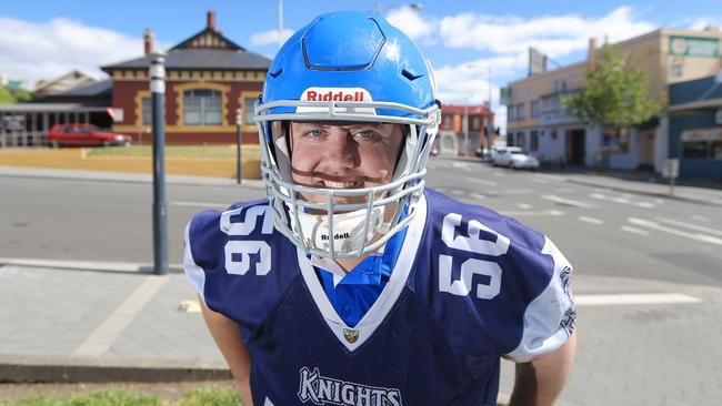 Glenn Nelson has lost 150kg in four years and will line up for the Knights gridiron team this season. Picture: LUKE BOWDEN