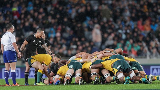 Nic White places the ball into the scrum during the Bledisloe Cup match at Eden Park.