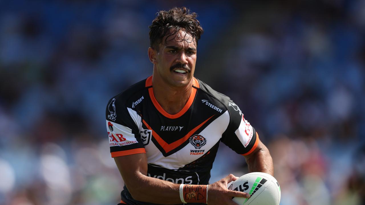 SYDNEY, AUSTRALIA - FEBRUARY 19: Daine Laurie of the Tigers in action during the NRL Trial Match between Wests Tigers and Canberra Raiders at Belmore Sports Ground on February 19, 2023 in Sydney, Australia. (Photo by Mark Metcalfe/Getty Images)