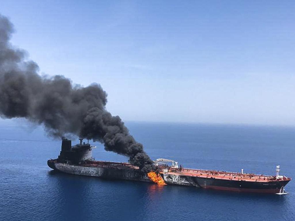 An oil tanker on fire in the sea of Oman. Picture: AP