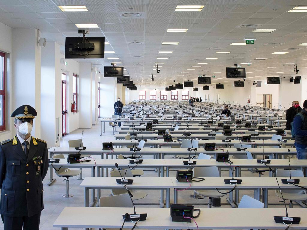 A former call centre converted into a court room for the trial of 350 alleged members of Calabria's 'Ndrangheta mafia group and their associates. Picture: Gianluca Chinnea