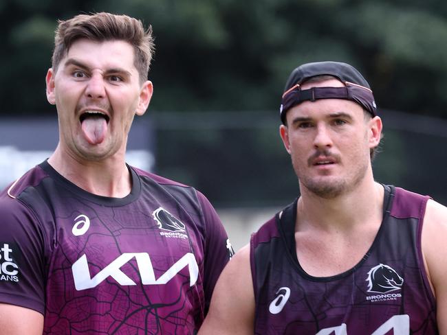 Fletcher Baker and Kobe Hetherington, Brisbane Broncos training, Red Hill. Picture: Liam Kidston