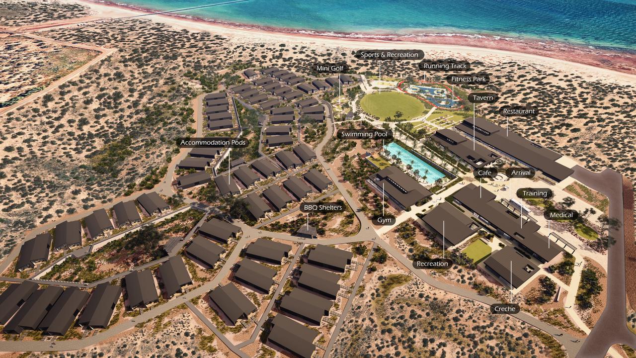 An aerial map of Onslow Resort, labelled with the amenities available, which rival those offered by some high-end tourist resorts.