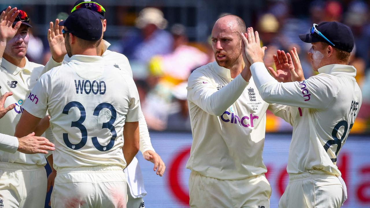 Jack Leach struggled to have an impact at the Gabba. Picture: AFP Images