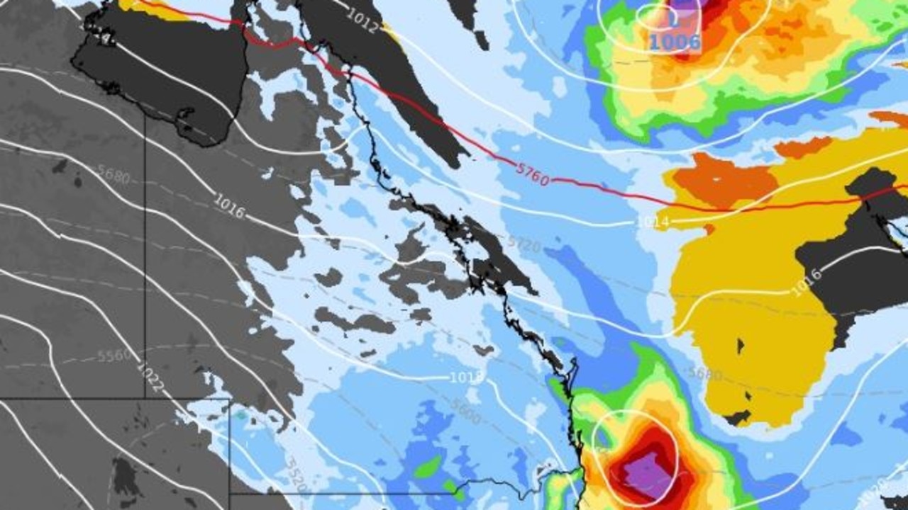 GFS thunderstorm forecast overlaid with the Access-G model’s forecast mean sea level pressure and 24-hour rainfall to 10am AEST, Friday, 16 May. The mean sea level pressure shows a tropical low to the south of the Solomon Islands and a low pressure system developing off the coast of southeast Qld and northeast NSW.