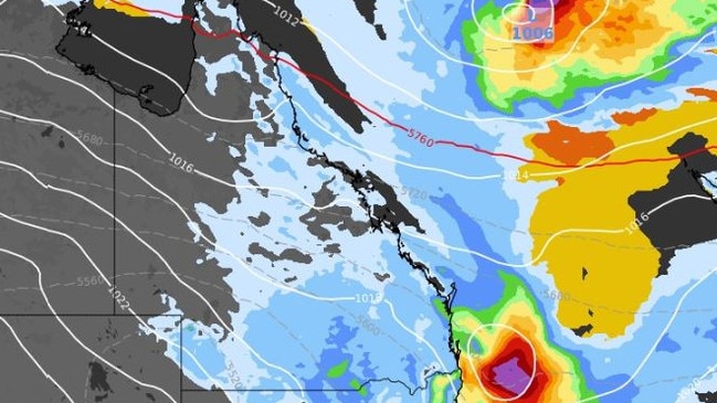 GFS thunderstorm forecast overlaid with the Access-G model’s forecast mean sea level pressure and 24-hour rainfall to 10am AEST, Friday, 16 May. The mean sea level pressure shows a tropical low to the south of the Solomon Islands and a low pressure system developing off the coast of southeast Qld and northeast NSW.