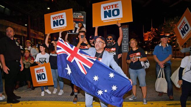 Fair Australia events in Brisbane and Adelaide have attracted crowds of more than 1000, not including ‘Yes’ protesters. Picture: NCA NewsWIRE / John Gass