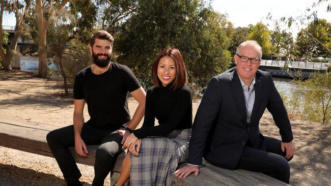 02/04/2019: Founders of Social Suite, Damian Hajda &amp; Dr Clara Ong with CEO Brad Gurrie in Melbourne. Stuart McEvoy/The Australian.