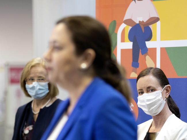 BRISBANE AUSTRALIA - NewsWire Photos OCTOBER 6, 2021: Queensland Health Minister Yvette D'Ath looks on as Queensland Premier Annastacia Palaszczuk speaks to the media at a press conference at the Ipswich vaccination hub. NCA NewsWire / Sarah Marshall