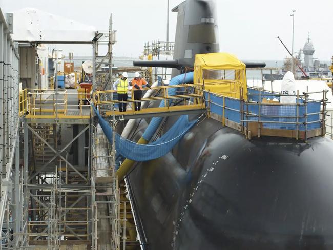 Collins Class Submarine at Henderson Marine Complex, Western Australia. *** Local Caption *** A range of naval shipbuilding and sustainment is conducted at Osborne Naval Shipyard, South Australia; Henderson, Western Australia; and Garden Island, New South Wales. A variety of vessels are built and maintained at these crucial locations, ensuring Navy has the capability to fight and win at sea.