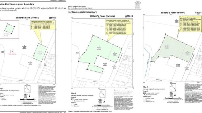 From left, a map of the Willards Farm site that Redland City Council said should be listed. Map2: The area of land that the Heritage Council listed in 2022. Map3: The land that has now been heritage listed after the June court ruling.