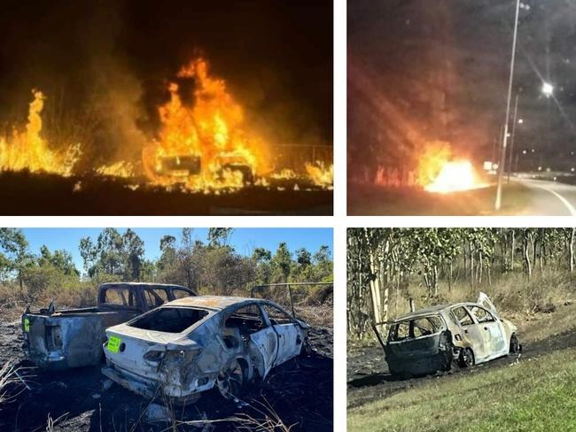 Images of three vehicles which were torched at Bohle Plains and Mount Low  overnight. Picture: Supplied.