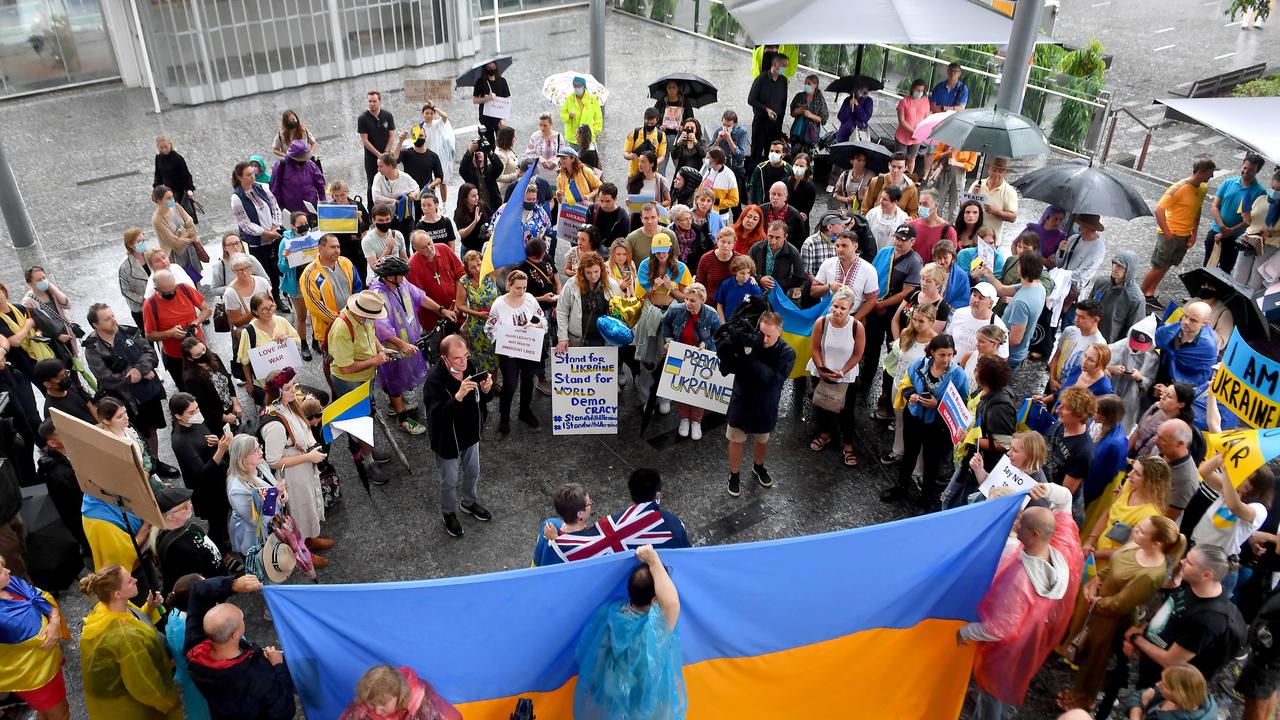 BRISBANE, AUSTRALIA – NewsWire Photos FEBRUARY 25, 2022: Protest rally at Brisbane's King George Square in relation to the Russian invasion of Ukraine. Picture: NCA NewsWire / John Gass