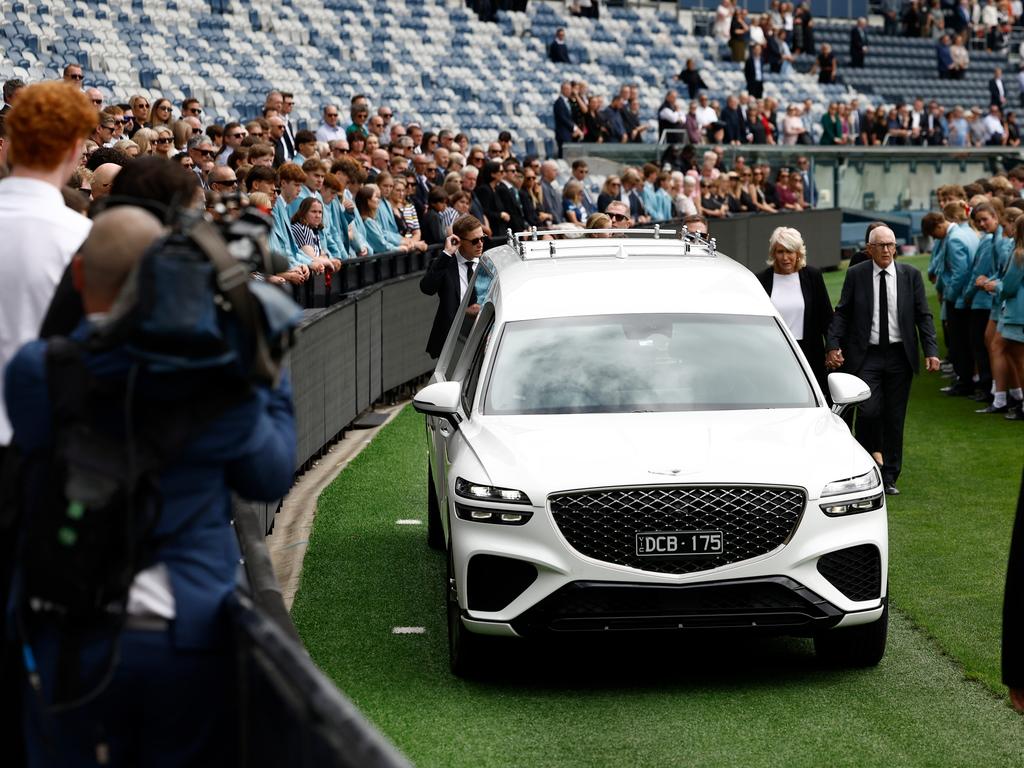 Troy Selwood was remembered at a funeral service in February. Picture: Michael Willson/AFL Photos via Getty Images