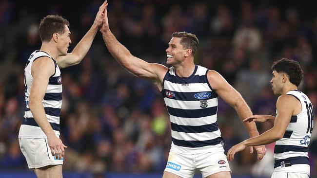 Key forwards Jeremy Cameron and Tom Hawkins are two players that Geelong could least afford to lose heading into finals. Picture: Michael Klein