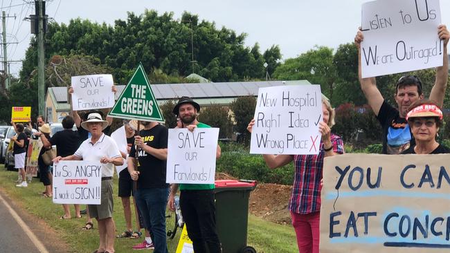 Protesters at the Tweed Valley Hospital site on Monday.