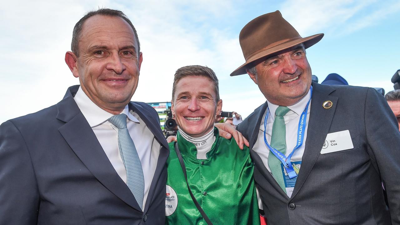 Chris Waller, Vin Cox and James McDonald after Via Sistina won the Cox Plate. Picture: Racing Photos via Getty Images