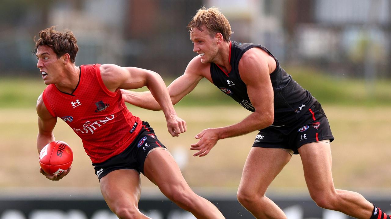 Jye Caldwell (left) blitzed the Bombers trial before being rested in the second half. Picture: Getty Images