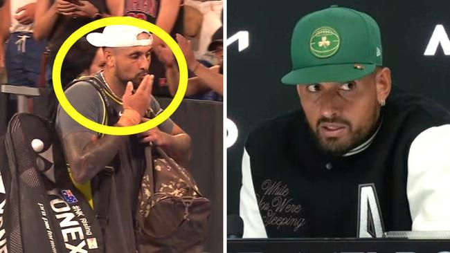 Nick Kyrgios left with a kiss. Photo: YouTube, Australian open and STAN sport.