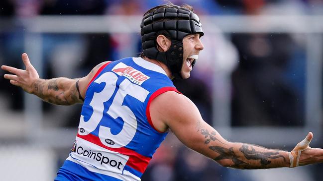 BALLARAT, AUSTRALIA - AUGUST 25: Caleb Daniel of the Bulldogs celebrates a goal during the 2024 AFL Round 24 match between the Western Bulldogs and the GWS GIANTS at Mars Stadium on August 25, 2024 in Ballarat, Australia. (Photo by Dylan Burns/AFL Photos via Getty Images)