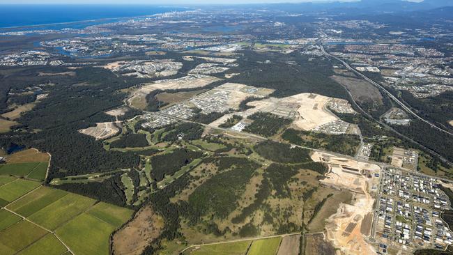 GCB COOMERA An aerial shot of Pimpama showing the Coast's northern growth suburb and cleared land for residential estates on the western side of the MI looking south to Surfers Paradise. attribute to skyepicsaerialphotography