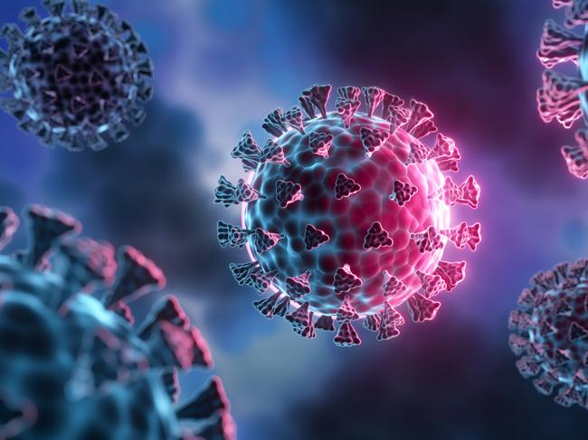 Corona Virus Mutation - medical 3D illustration with dark blue cell background