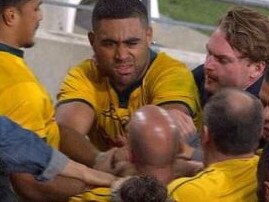 Lukhan Tui confronts the angry fan after the Wallabies loss.