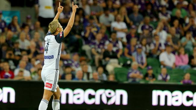 Melbourne Victory’s Keisuke Honda celebrates his goal against Perth Glory at HBF Park on Saturday night. Picture: Getty Images