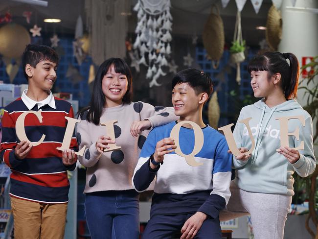 Spelling whiz kids Aditya Paul (l to r), Grace Lin, Evan Luc Tran and Patricia Wu. Picture: Sam Ruttyn