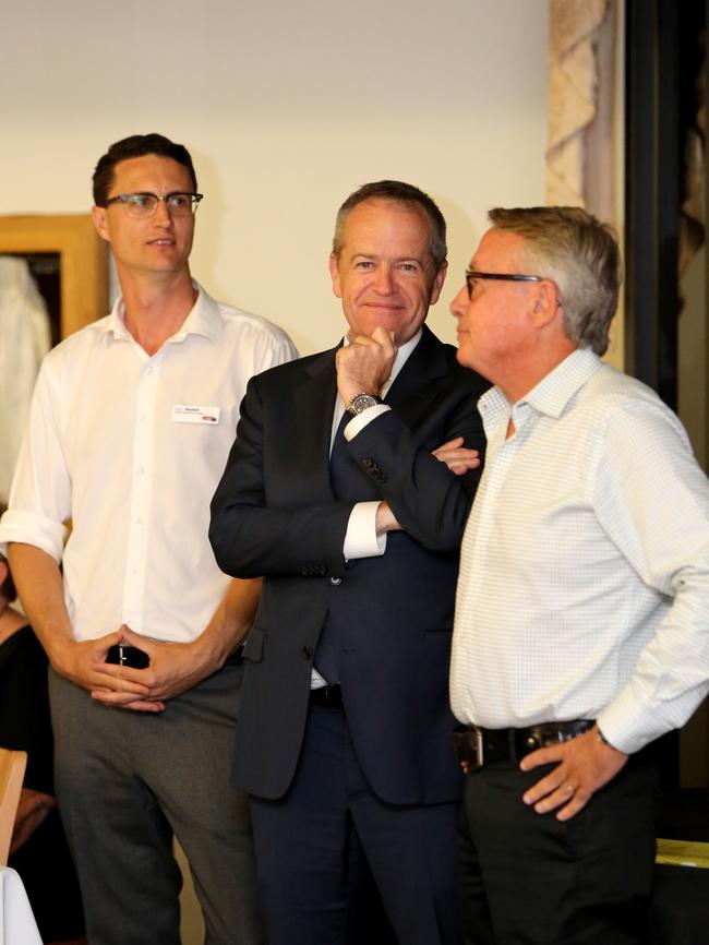 Aspley candidate Bart Mellish (left) with Bill Shorten and Wayne Swan, meeting locals at the Geebung RSL on November 8. Picture: AAP /Steve Pohlner