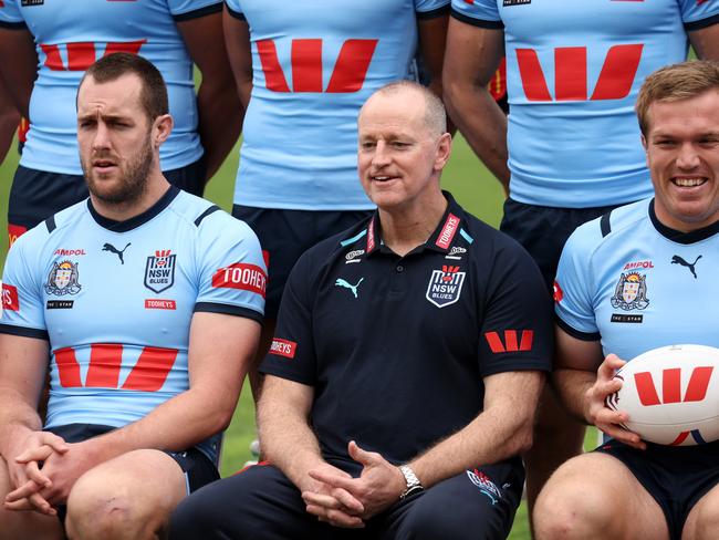 SYDNEY, AUSTRALIA – JULY 08: (L-R) Isaah Yeo of the Blues, Blues head coach Michael Maguire and Jake Trbojevic of the Blues pose during a NSW Blues State of Origin media opportunity at NSWRL Centre of Excellence on July 08, 2024 in Sydney, Australia. (Photo by Matt King/Getty Images)