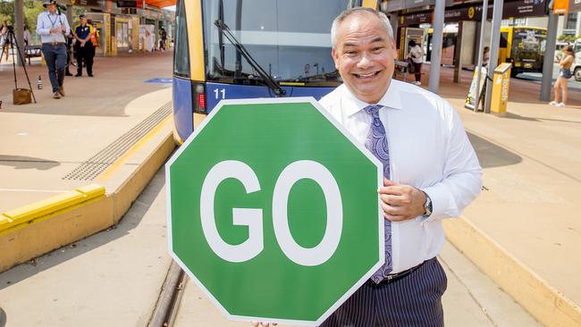 Announcement for Light Rail Stage 3A, from Broadbeach South to Burleigh. Gold Coast Mayor Tom Tate holding a GO sign.  Picture: Jerad Williams