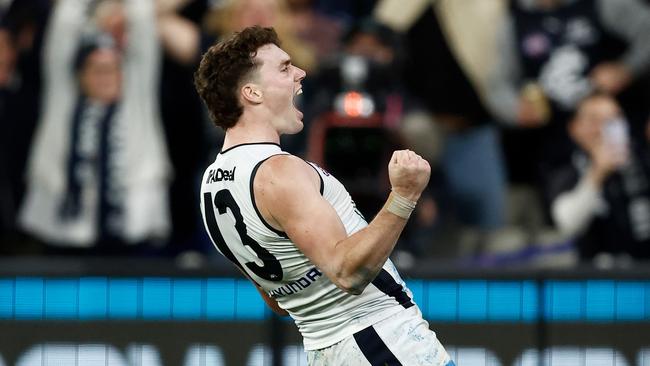 MELBOURNE, AUSTRALIA - SEPTEMBER 15: Blake Acres of the Blues celebrates a goal during the 2023 AFL First Semi Final match between the Melbourne Demons and the Carlton Blues at Melbourne Cricket Ground on September 15, 2023 in Melbourne, Australia. (Photo by Michael Willson/AFL Photos via Getty Images)