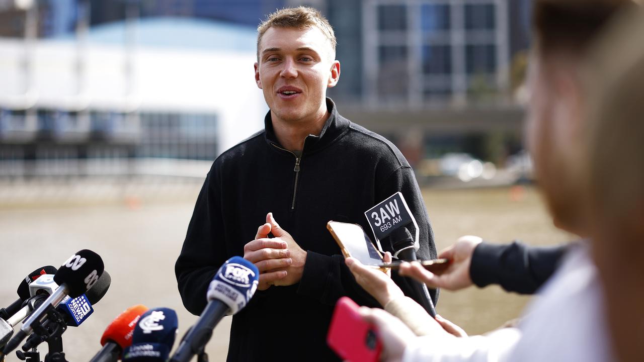 Patrick Cripps spoke to the media at Southbank the morning after becoming the 2022 Brownlow medallist. Picture: Getty Images