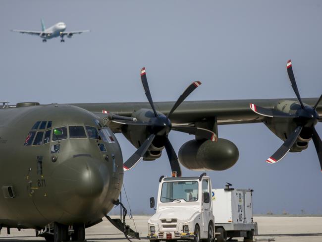 LARNACA, CYPRUS - APRIL 26: A Royal Air Force aircraft carrying British evacuees from Sudan, is pictured at Larnaca International Airport on April 26, 2023 in Larnaca, Cyprus. Military planes carrying British evacuees from Sudan continued arriving at the airport today  with the UK Government promising many more flights over the coming days, if the ceasefire in Sudan holds.   (Photo by Alexis Mitas/Getty Images)