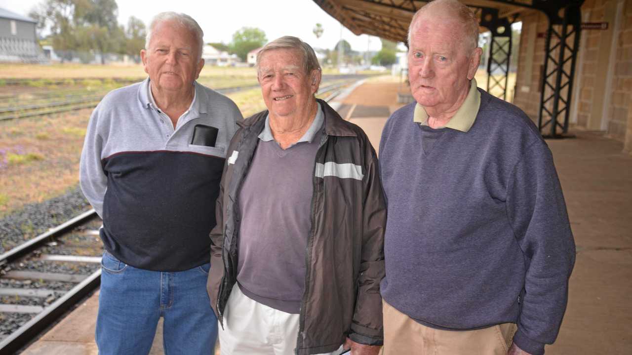 READY: Southern Downs Steam Railway committee members Peter Gregory, Bob Keogh and Peter Tobin at the Warwick Railway Station seven weeks out from the egg throwing re-enactment. Picture: Gerard Walsh