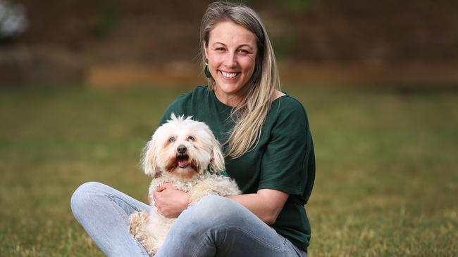 Founder of health dog food start-up Jack &amp; Chelo, Esther Rupenovic with her 15-year-old Maltese shih tzu Chelo. Picture: ZAK SIMMONDS