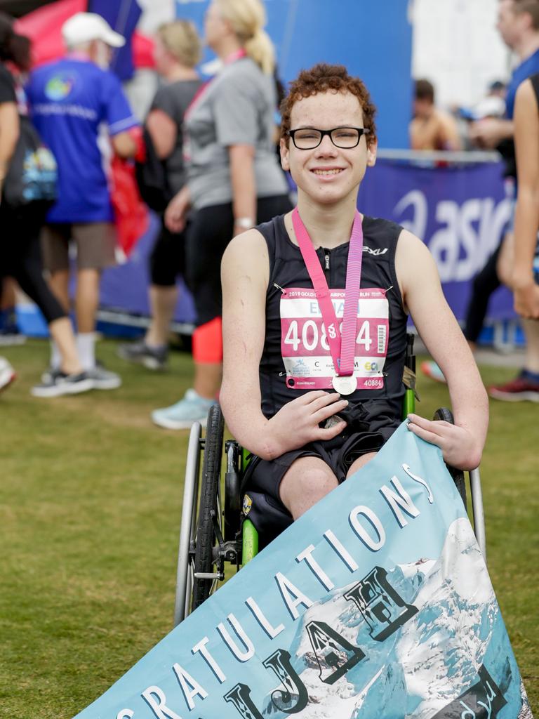 Elijah Palmer, 15 at the finish the Gold Coast Airport Fun Run. Picture: Tim Marsden.