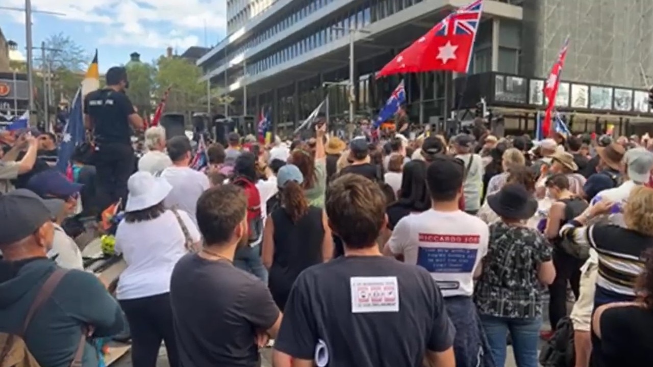 A group of protesters gathered in Sydney on Saturday for a “Worldwide Freedom Rally”. Picture: YouTube
