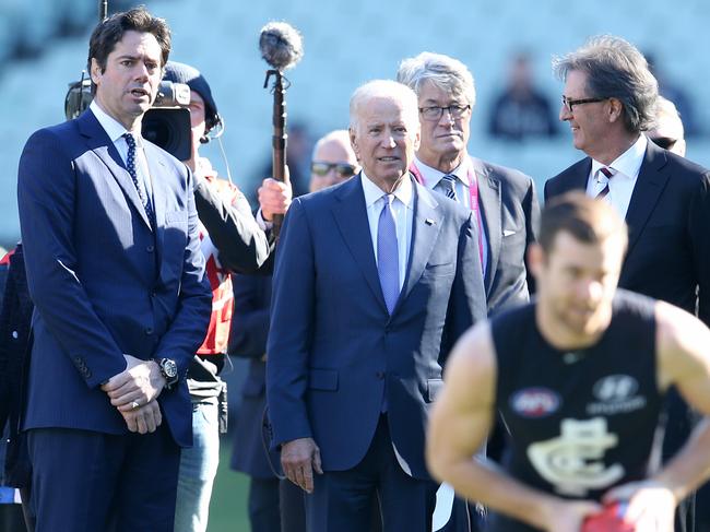 AFL Round 17. Carlton v West Coast Eagles at the MCG. American vice president Joe Biden watches Carlton warm up pre game . Pic: Michael Klein