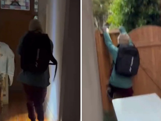 Terrifying footage has captured the moment a woman confronted a masked intruder inside her home in Melbourne’s south-east.A woman woke up to an intruder inside her Windsor home about 6am Sunday.  Picture: X/3AW.