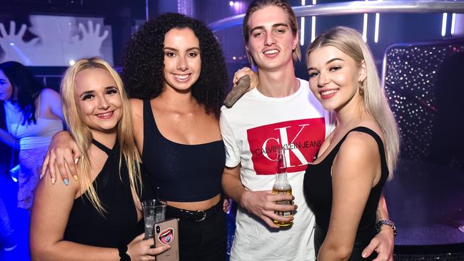 Ashleigh Schofield, Holly Johnston, Jye Hutchison and Santana Haynes at Asylum Nightclub on Friday, January 17, 2020 for Gold Coast Bulletin Nightspotting. Picture: Pedro Freitas