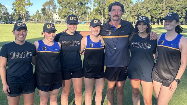 Old Carey footballers with coach Ryan Dobson at training. Picture: Supplied.