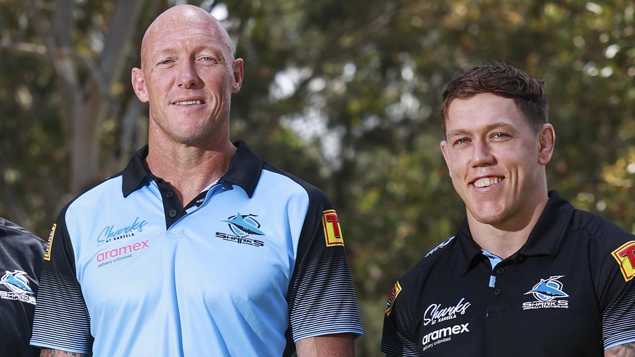 Saturday TELEGRAPH. OCTOBER 22, 2021. Wade Graham, with new Sharks Coach, Craig Fitzgibbon and Cameron McInnes, at Sharks at Kareela, today. Picture: Justin Lloyd.